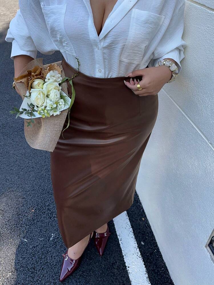 Dazy Plus Stretchy Fitted Elegant Long Slit Plus Size Women PU Leather Sexy Pencil Skirt