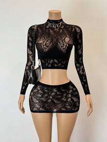 SHEIN Jeanoir 2pcs Women Sexy Crop Top And Mini Skirt Set - Black - View 1