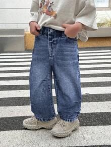 SHEIN Young Boy's Casual Everyday Commute Simple Versatile Loose Fit Straight Leg Jeans - Dark Wash - View 3