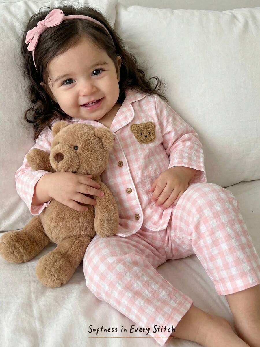 Cozy Pixies 2pcs Baby Girl Cartoon Bear Patch Pattern Lapel Long Sleeve Cardigan Top And Elastic Waist Pants Set - Pink - View 1