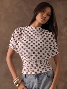 SHEIN BAE Áo kiểu nữ tay ngắn bồng bềnh in chấm bi phong cách thường ngày mùa Xuân/Hè, lý tưởng cho kỳ nghỉ biển, những chuyến đi chơi bên bờ biển, ngày Valentine, những buổi đi chơi thường ngày, đi làm, hẹn hò lãng mạn, trang phục công sở, áo chấm bi, áo sơ mi chấm bi trắng. - Cà phê nâu - Xem 1