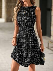 Editum Women's Elegant Monochrome Fitted A-Line Short Dress, Suitable For Commute, Office, Casual Daily Wear, Versatile Spring/Summer,Summer Dresses For Women - Black - View 3