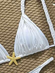 Swim Vcay Conjunto de bikini de baño sexy con decoración de estrella de mar de metal de unicolor para mujer - Blanco - Ver 10