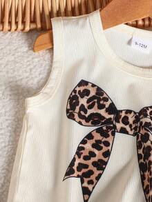 SHEIN Baby Girl Summer Apricot Leopard Print Set, Textured Sleeveless Top And Leopard Print Shorts With Apricot Bow Accent, Essential Daily Outfit - Khaki - View 4