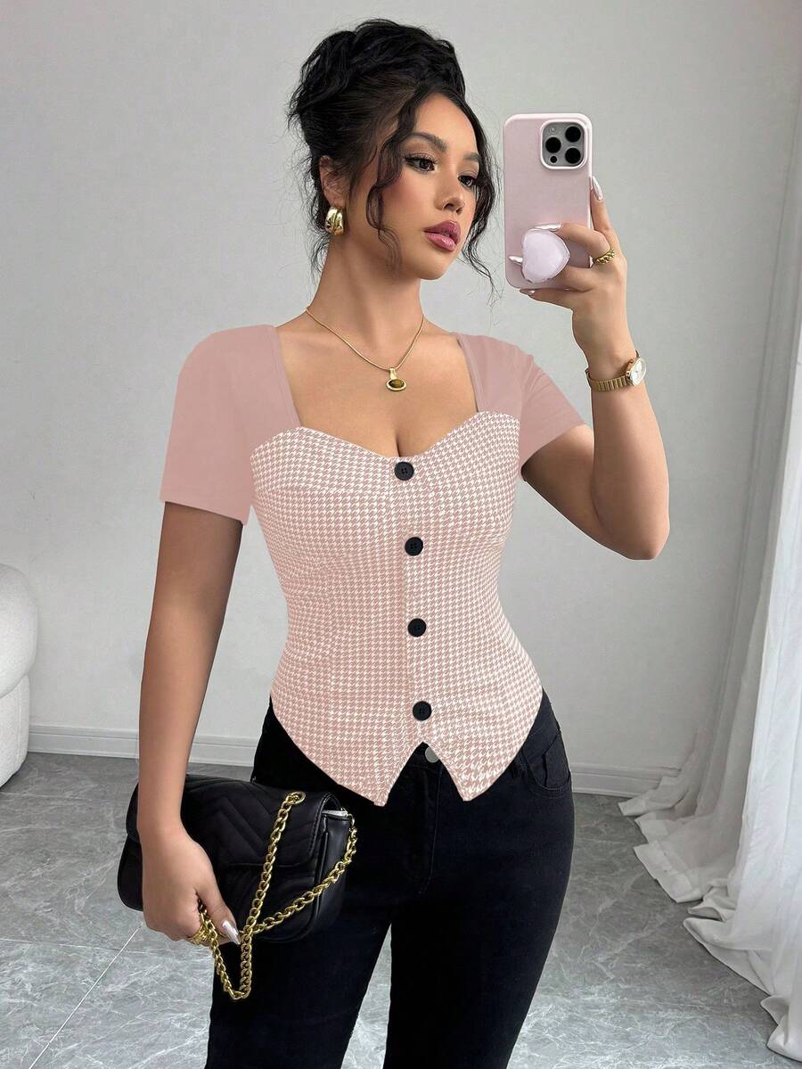 SHEIN Clasi 前扣优雅休闲通勤短袖收腰女式T恤 - 藕粉色 - 查看 1