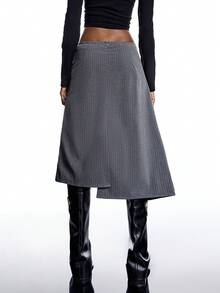 LYSMO 女式条纹印花不对称下摆开叉半身裙 - 深灰色 - 查看 2