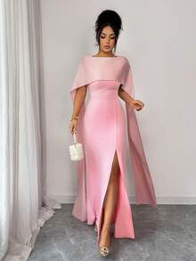 Elenzga 优雅无袖高开衩缎面长裙，后背饰有缎带和镂空珍珠链，精致优雅，适合度假、婚礼、派对、约会、时尚场合，春夏皆宜。 - 粉色 - 查看 3