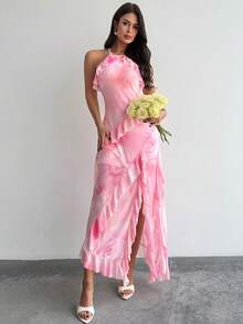 Firerie 女士优雅浪漫印花层叠荷叶边开衩连衣裙，适合情人节、派对、婚礼、节日等场合。 - 粉色 - 查看 9