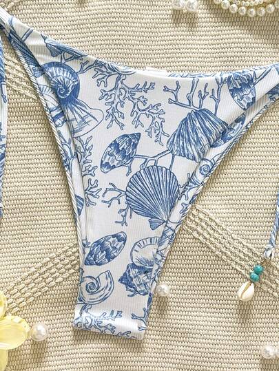 Swim Vcay Women's Beach Vacation Textured Marine Life & Shell Print Tie-Side Sexy Swimsuit Bottom