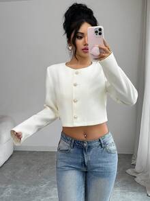 Elenzga Women's Elegant Casual Vacation Apricot Jacket, Minimalist Fitted Outerwear, Versatile For Dates, Parties, Daily Outings, Fashionable New Year Outfit - Apricot - View 4