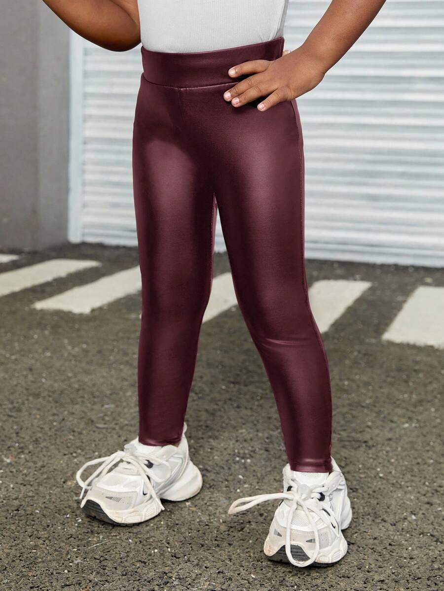 SHEIN Quần legging da PU co giãn, thích hợp mặc hàng ngày, dành cho các bé gái, quần legging da cho bé gái, quần da cho bé gái, quần legging da. - Màu Đỏ Sâu - Xem 1