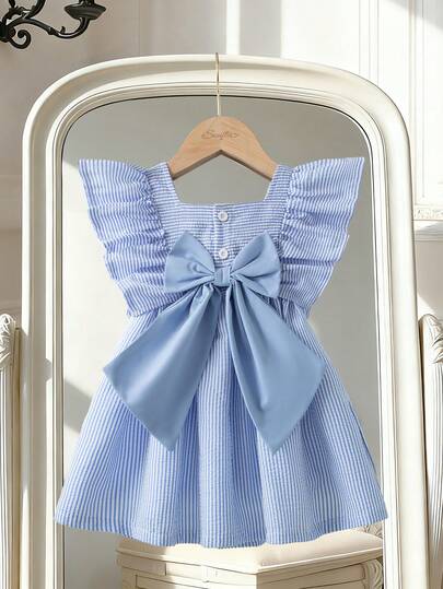 Souflis Souflis 0-3 Years Old Baby Girls' Elegant Light Blue Striped Collar Ruffle Sleeve Bow Back Casual Fashion Dress, Suitable For Vacation And Travel, Summer