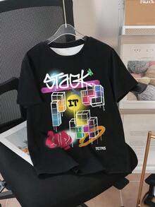 Tetris™ X SHEIN Áo thun ngắn tay màu đen in họa tiết hình học và chữ cái, kiểu dáng thường ngày, phù hợp cho bé trai tuổi teen, thích hợp mặc hàng ngày, mùa hè. - trắng - Xem 1