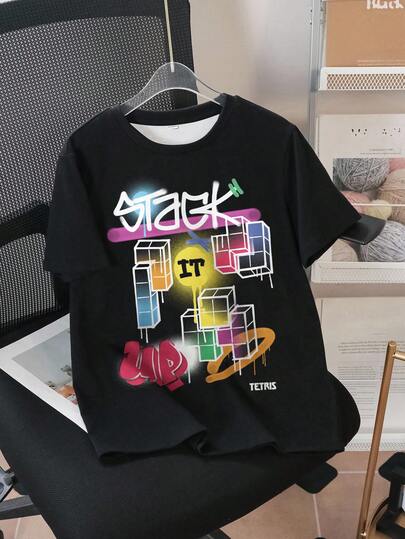 Tetris™ X SHEIN 男童休闲几何字母印花短袖黑色T恤，百搭日常穿着，夏季款