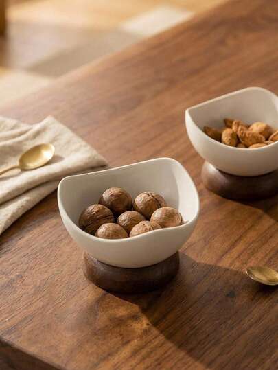 Cirelle 1pc Ceramic Dessert Bowl With Wooden Base - Multi-Use For Ice Cream, Dates & Nuts, Small Serving Tray For Home & Cafe