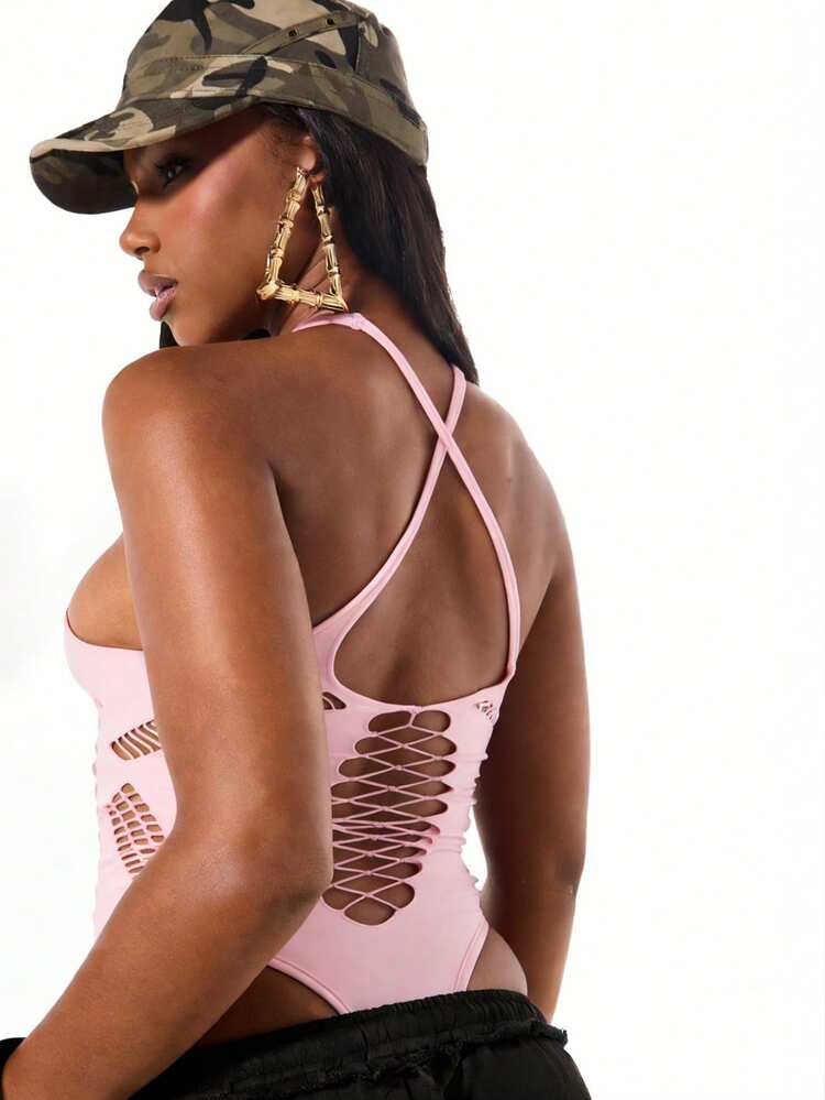 SUMWON WOMEN Halter Cutout Bodysuit With Lace Up Details