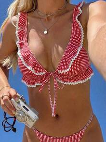 Swim Mod Women's Sweet Cute Plaid Print Ruffle Trim White Lace Casual Beach Vacation Swimsuit Top - Red - View 1