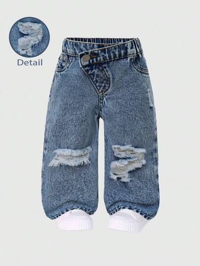 SHEIN Baby GirlCasual Versatile Street-Style Distressed Cute Printed Washed Comfortable Loose Wide-Leg Jeans, Essential For Valentine's Day 2024