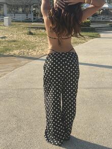 Sunnyshic Quần nữ chấm bi đen cạp thấp, đa năng, thời trang, dễ phối đồ, phong cách thường ngày, đi biển, trẻ trung, mùa xuân/hè, năm 2000, mùa tựu trường. - màu đen - Xem 2