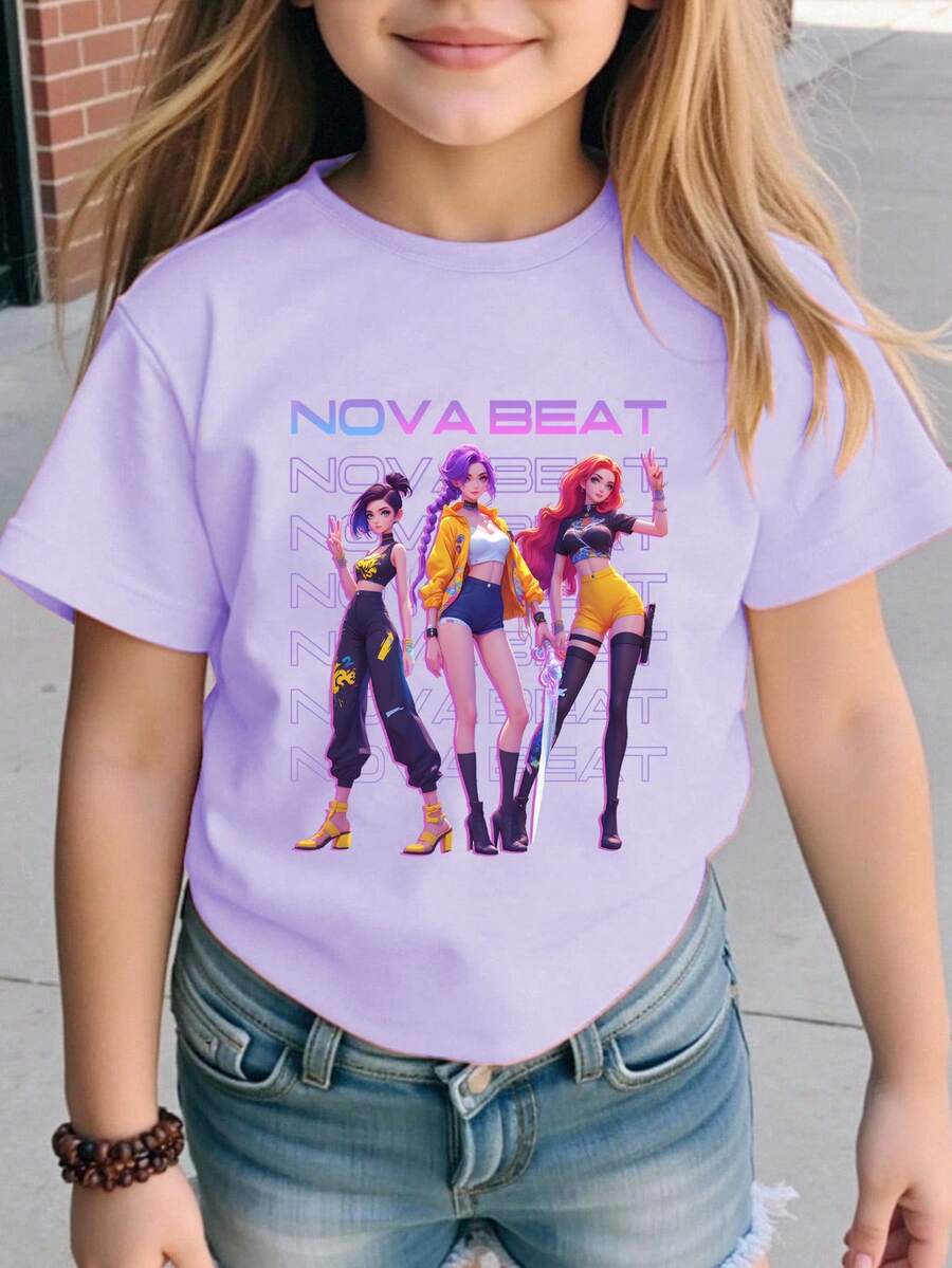 SHEIN Explorewe 女童休闲时尚舒适百搭创意可爱卡通/韩流风格字母印花短袖T恤,适合外出和上学穿着,四季皆宜。 - 紫色 - 查看 1