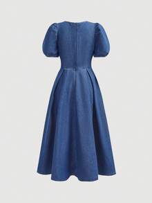 SHEIN 少女春夏新年清新少女风/优雅红色假日飘逸仿珍珠纽扣装饰荷叶边牛仔长裙公主裙/婚礼季复古风/海滩/海洋/优雅毕业礼服 - 中等水洗藍 - 查看 4