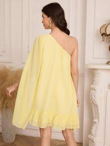 Modelyn Women's Solid Color Metal Decor Asymmetric Neckline Short Dress - Yellow - View 2