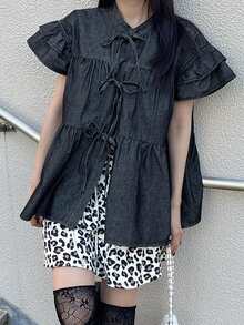 FRIFUL Women's Ruffle Sleeve Tie Front Denim Blouse - Dark Grey - View 5