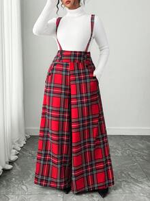 Elenzga Bộ áo liền quần dáng rộng in họa tiết kẻ caro cho nữ cỡ lớn, kiểu dáng thường ngày. - Đỏ - Xem 3