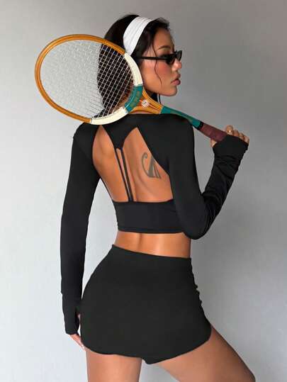 Dewbera Women's Black Tight-Fitting Long Sleeve Crew Neck Activewear Top With Thumb Holes And Hollow Back, Suitable For Casual Wear, Running, Yoga, Gym, Tennis, Golf, Etc., Autumn/Winter