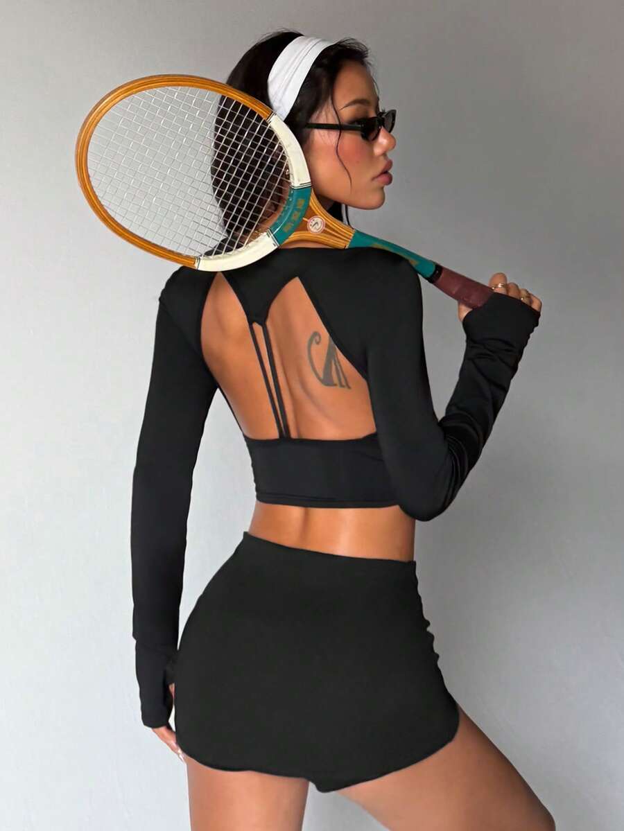 Dewbera 女士黑色紧身长袖圆领运动上衣，带拇指孔和镂空后背设计，适合休闲穿着、跑步、瑜伽、健身、网球、高尔夫等，秋冬季款。