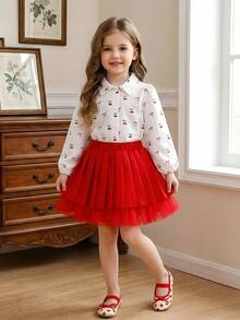 少女休闲樱桃蝴蝶结印花衬衫搭配褶裥网纱裙，优雅高端的秋季度假装扮 - 紅色 - 查看 1