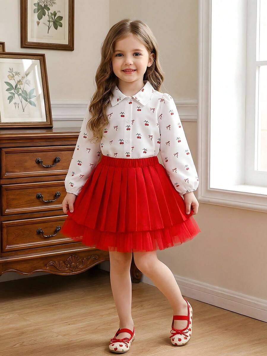 少女休闲樱桃蝴蝶结印花衬衫搭配褶裥网纱裙，优雅高端的秋季度假装扮 - 紅色 - 查看 1