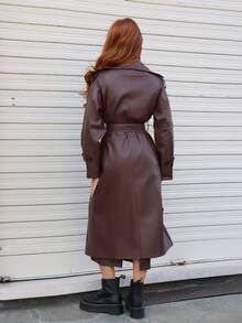 SILVIA DI SANTO Women Fashion Street Chic PU Leather Lapel Collar Double Breasted Belted Long Trench Coat Fall Winter Cloth For Women - Brown - View 2