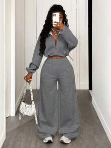 BamGleam Bộ 2 món áo và quần trơn màu thường ngày dành cho nữ, Thu/Đông - Màu xám đen - Xem 4