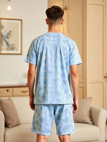 Velminro 男士印花弹力薄款短袖上衣和短裤睡衣套装 - 藍白色 - 查看 2