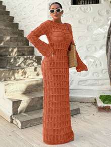 EURMUSE Vacation Beach Solid Color Hollow Out Knit Dress - Camel - View 3