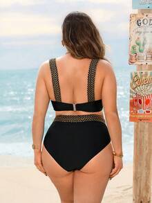 Swim Lushoire Plus Size Women Underwire Bandeau Bikini Set With Adjustable Strap, Elegant Retro Beach Party Swimsuit - Black - View 2