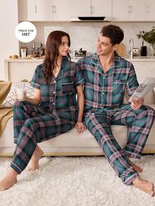 SHEIN 撞色滚边格子印花翻领男士睡衣套装 - 彩色 - 查看 3