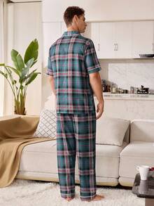SHEIN 撞色滚边格子印花翻领男士睡衣套装 - 彩色 - 查看 5