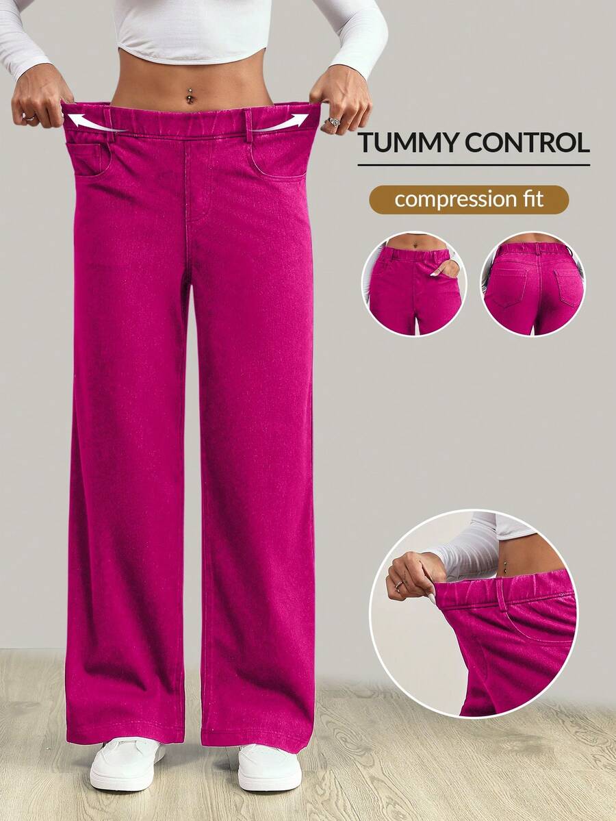 Flexra Quần jeans nữ cạp chun, có túi, chất liệu dệt kim, kiểu dáng đơn giản, đa năng. - Màu Hồng Tươi - Xem 1