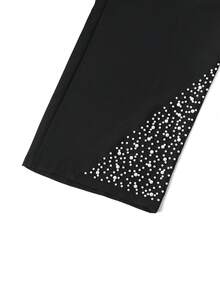 Modelyn 大码女士优雅浪漫珍珠水钻装饰弹力腰直筒裤，适合工作场合 - 黑色 - 查看 3