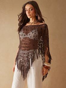 Silquee Women's Brown Summer Boho Beach Holiday Semi-Sheer Knit Sequined Openwork Crochet Cape Top With Fringed Hem,Perfect For Vacation&Pool Party,Holiday - Coffee Brown - View 8