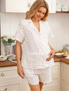 SHEIN 2pcs Maternity Casual Heart Print Shirt & Shorts Set - Multicolor - View 3