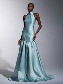 Elitara 优雅浪漫时尚的蓝色缎面高领露背吊带可调节系带荷叶边下摆正式派对礼服、婚礼宾客礼服、蓝色长裙、时尚优雅伴娘礼服、正式晚礼服 - 霧霾藍 - 查看 4