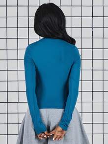 COUREZ 长袖修身褶皱上衣 / Y2K 春季女装 可爱蓝色外出上衣 返校季穿搭 夏季上衣 夏季穿搭 - 藏蓝色 - 查看 3