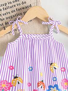 SHEIN Playful Pals 女婴服装 女婴连衣裙 全花卉图案 吊带蝴蝶结 夏季优雅清新连衣裙 - 紫色 - 查看 5