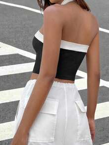 SHEIN EZwear Two Tone Crop Halter Top - Black and White - View 2