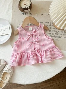SHEIN Babygirl Cute Casual Vacation Pink & White Striped Bow Camisole - Multicolor - View 6