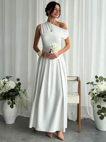 Aloruh Elegant festklänning med asymmetrisk halsringning, veckad fåll och åtsittande midja för kvinnor - Vitt - Visa 1