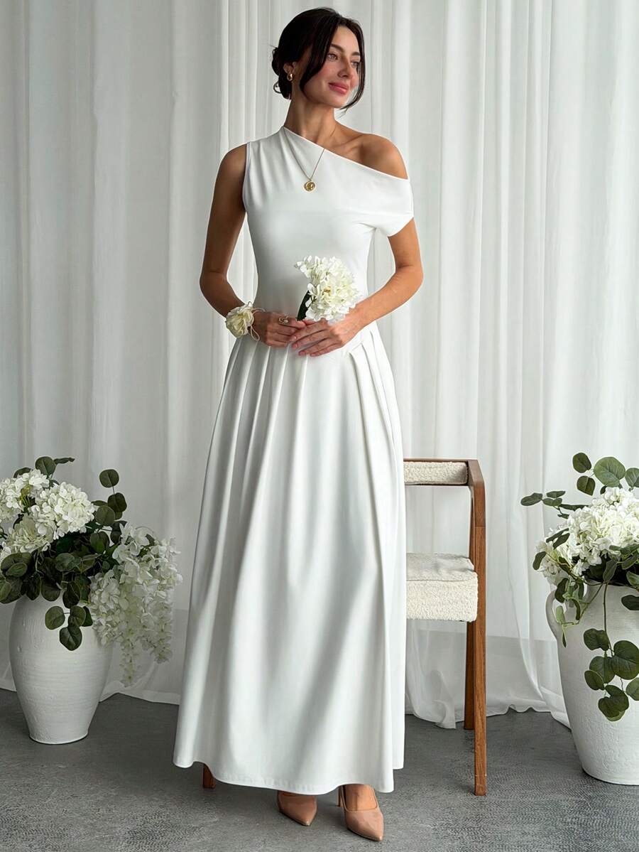 Aloruh Elegant festklänning med asymmetrisk halsringning, veckad fåll och åtsittande midja för kvinnor - Vitt - Visa 1